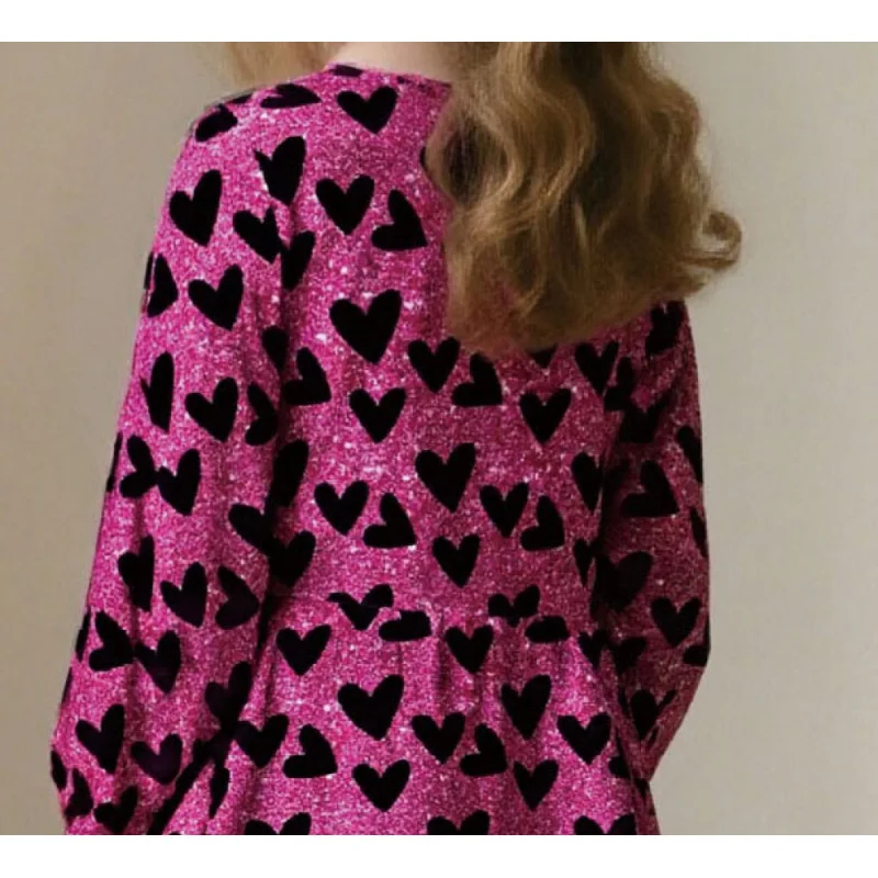 عرض ساخن عبر الحدود: فستان بناتي بأكمام طويلة وطبعة قلب لامع، فستان لطيف وردي واسع على شكل حرف A للأطفال كاجوال & Pa