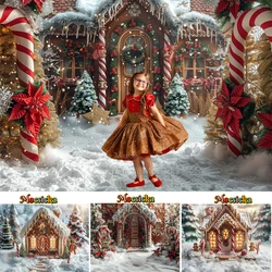 Christmas Gingerbread House Photography Background Snowy Wonderland Candy Cane Xmas Tree Backdrop Kids Winter Art Photo Studio