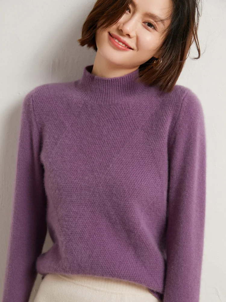 New 100% Merino Wool Sweater Women Autumn Winter Pullovers Mock Neck Long Sleeves Cashmere Knitwear Basic Soft Warm Bottom Cloth - Image 2