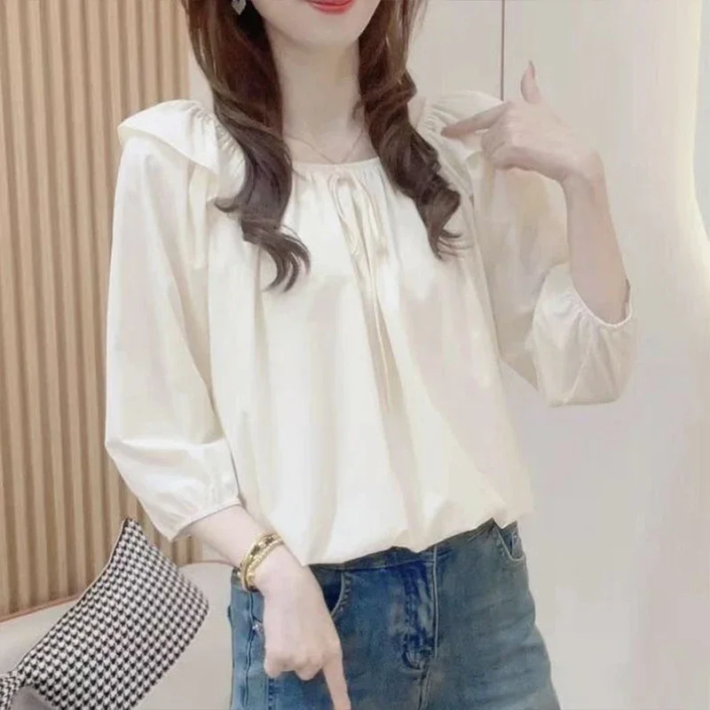 Simply Commuting Three-quarters Sleeve Ruffled Edge Shirt for Women\'s Spring Autumn New Loose Belly Covering Casual Gentle Top