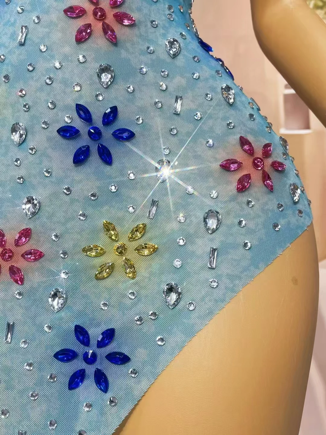 Amarelo roxo strass sexy vestido de malha irregular para festa de aniversário feminino noite celebrar modelo passarela palco mostrar traje