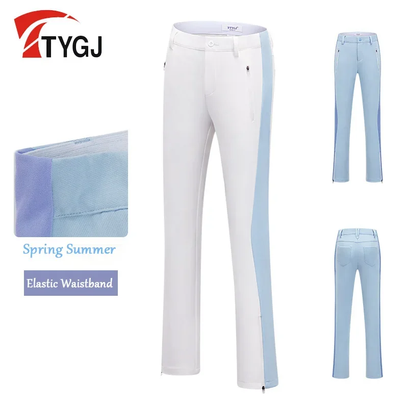 

TTYGJ Spring Summer Women Golf Pants Slim Patchwork Golf Trousers Lay Elastic Waistband Sports Pants Zipper Split Sweatpants