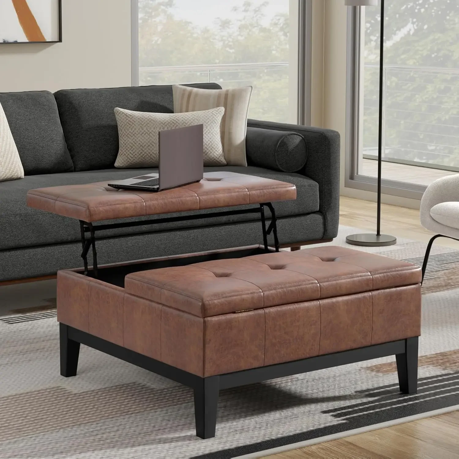 Dover 36 inch Wide Contemporary Square Lift Top Coffee Table Storage Ottoman in Distressed Saddle Brown Vegan Faux Leather