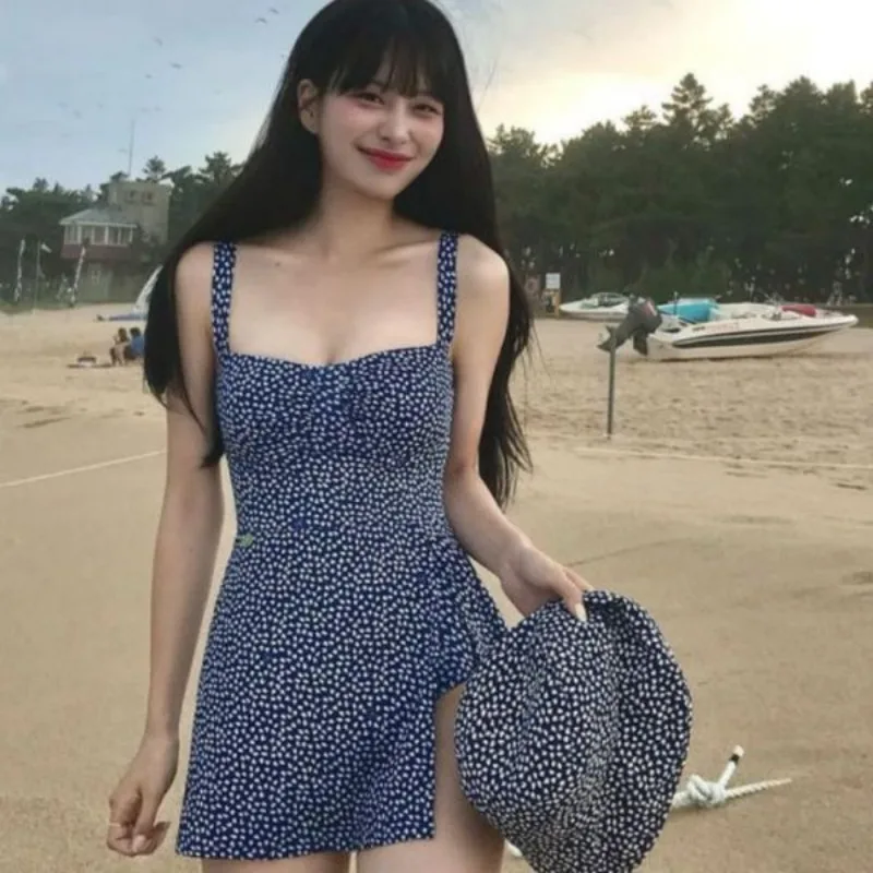 New Floral One-Piece Swimsuit Women Blue Backless Slip Beach Dress Summer A-line Streetwear Trendy Vestidos One Piece Swimsuit