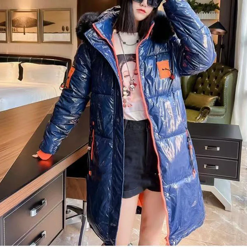 2022Winter New Korean Version Of Pure Cotton Women's Long Over-the-Knee Wash-free Big Fur Collar Hooded Loose Shiny Fashion Coat