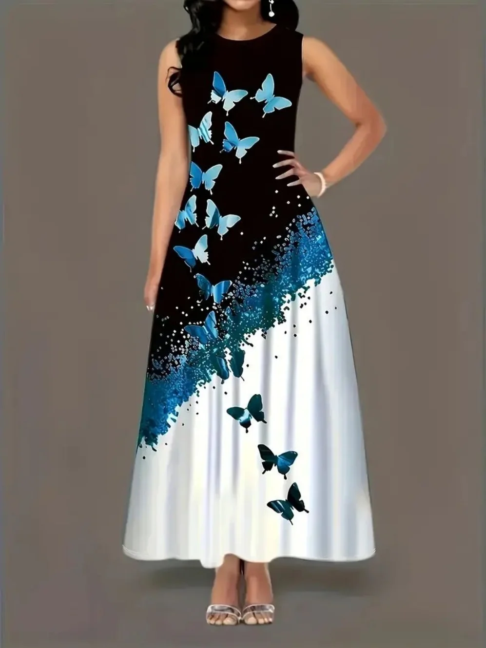 Women Dress Blue Gradient Butterfly Print Sexy Sleeveless Midi Dress Summer Casual Round Neck Flowy Beach Sundress Vest Dress