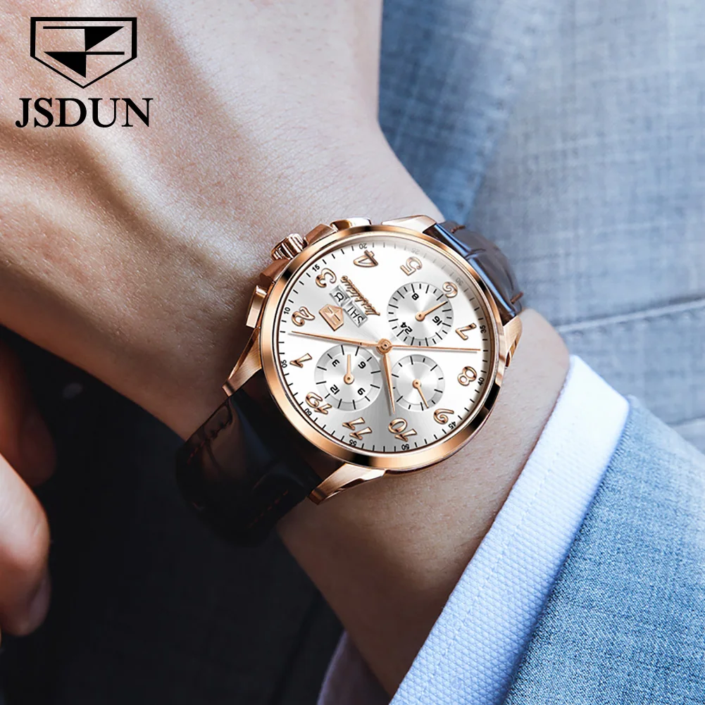 JSDUN Original Leather Strap Waterproof Automatic Mechanical Watches for Men Casual Fashion Wrist Watch Men Classic Men Watch