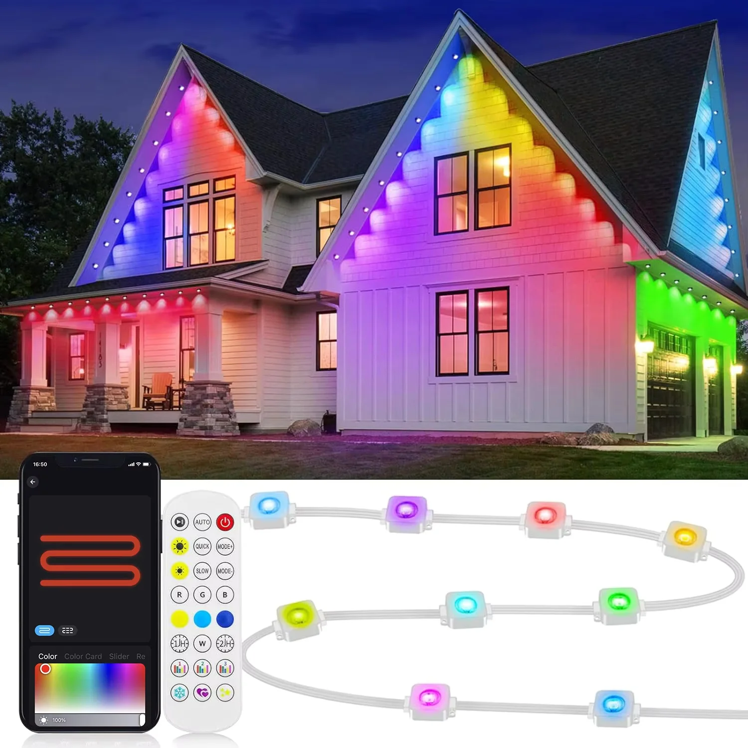 Permanent Outdoor Eaves LED Lights RGBC 16M Colors IP67 50,000H Music Sync App & Voice Control for Roof Patio UL Certified