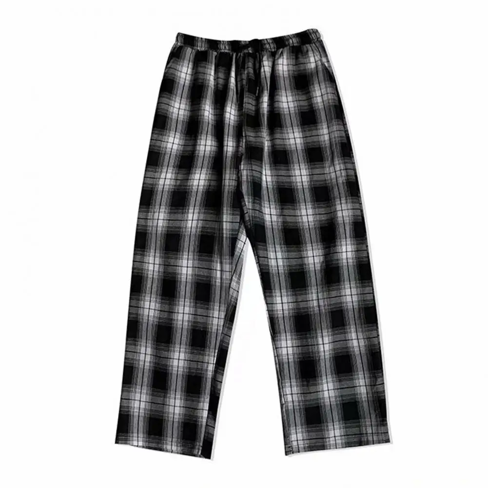 Men Pants Plaid Streetwear Wide Leg Elastic Waist Loose Sports Pants Trousers Checkered Patchwork Sports Pants