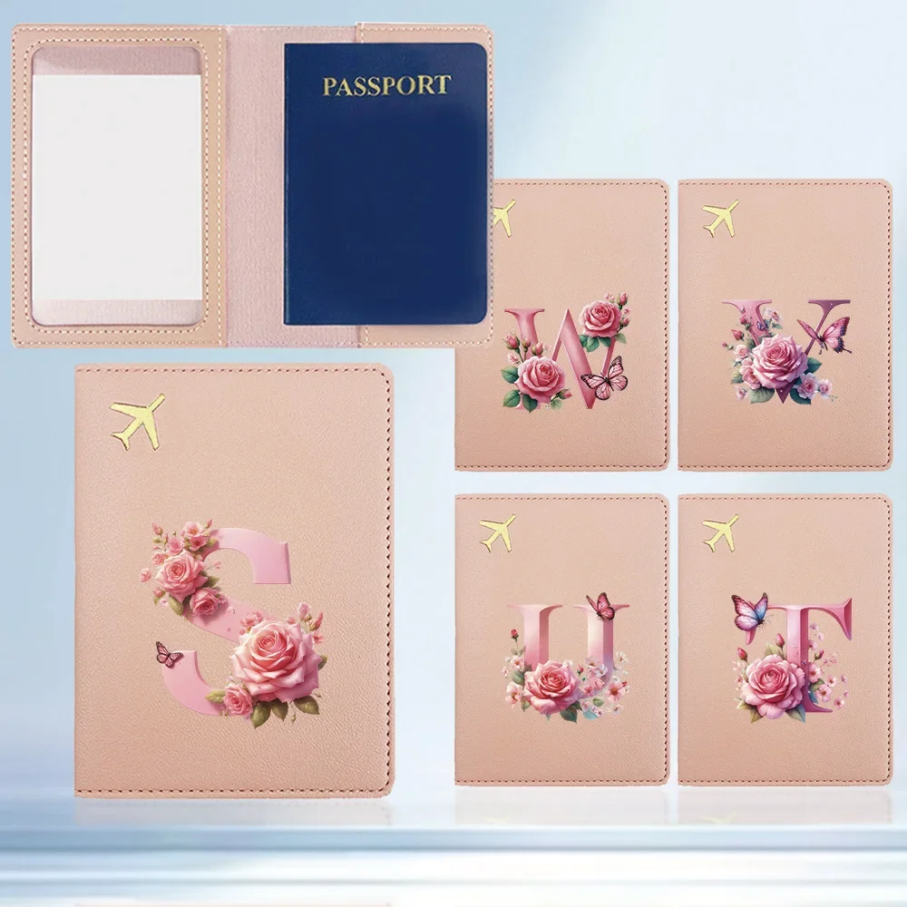 

Portable Premium PU Passport Set Durable Folding Passport Holder Airplane Ticket Protection Cover Pink Butterfly Letters Pattern