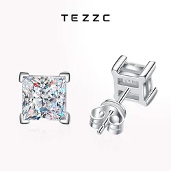 Tezzc 1ct Princess Cut Moissanite Earrings Studs for Women 925 Silver with Gold Plated Diamond Sparkling Stud Earring Jewelry