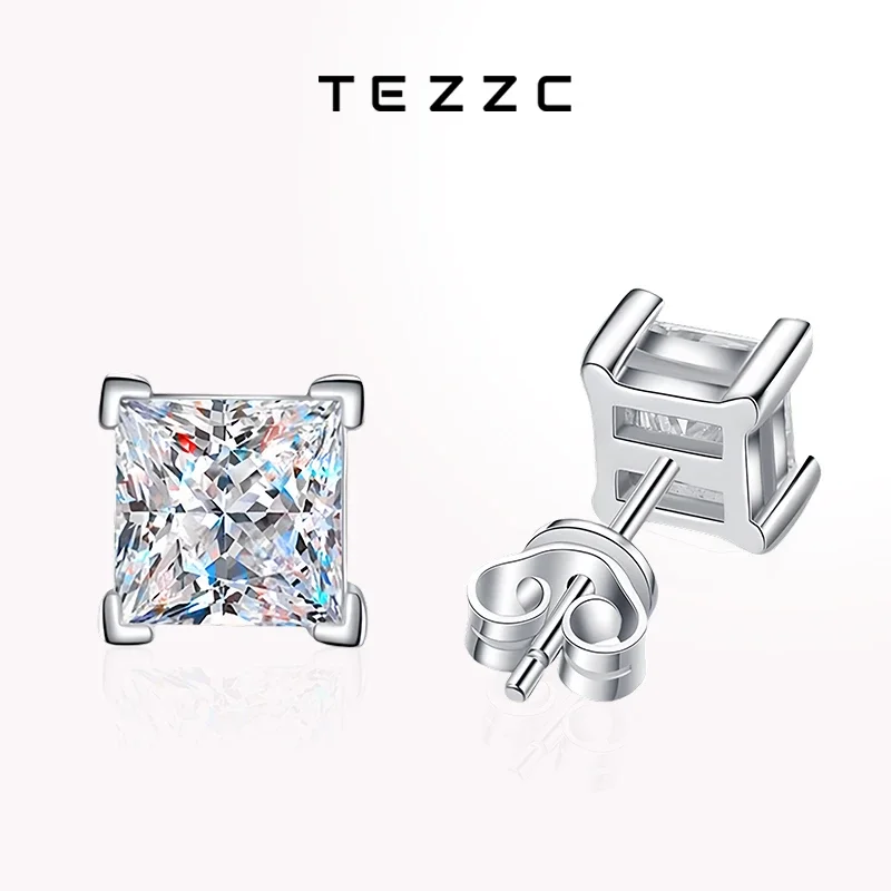 Tezzc 1ct księżniczka szlif Moissanite kolczyki sztyfty dla kobiet 925 srebro z pozłacanym diamentem musujące kolczyki sztyfty biżuteria