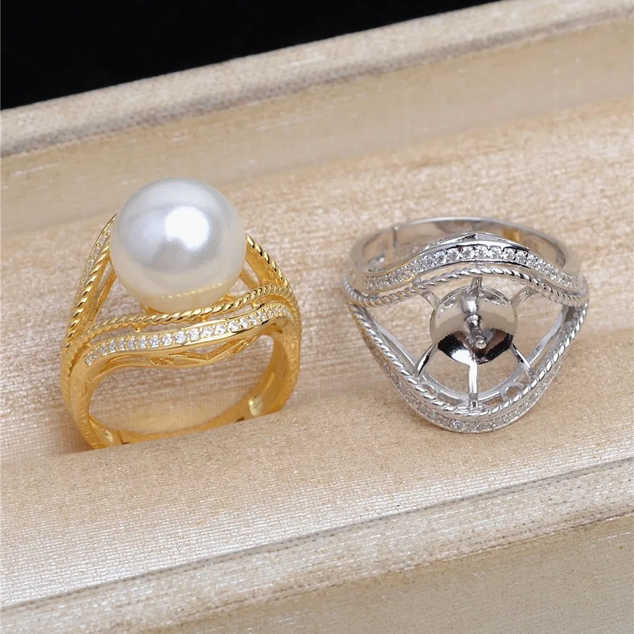 S925 Sterling Silver Adjustable Finger Ring Mountings Base Setting Findings Jewelry Mount Accessories for 11-12mm Pearls
