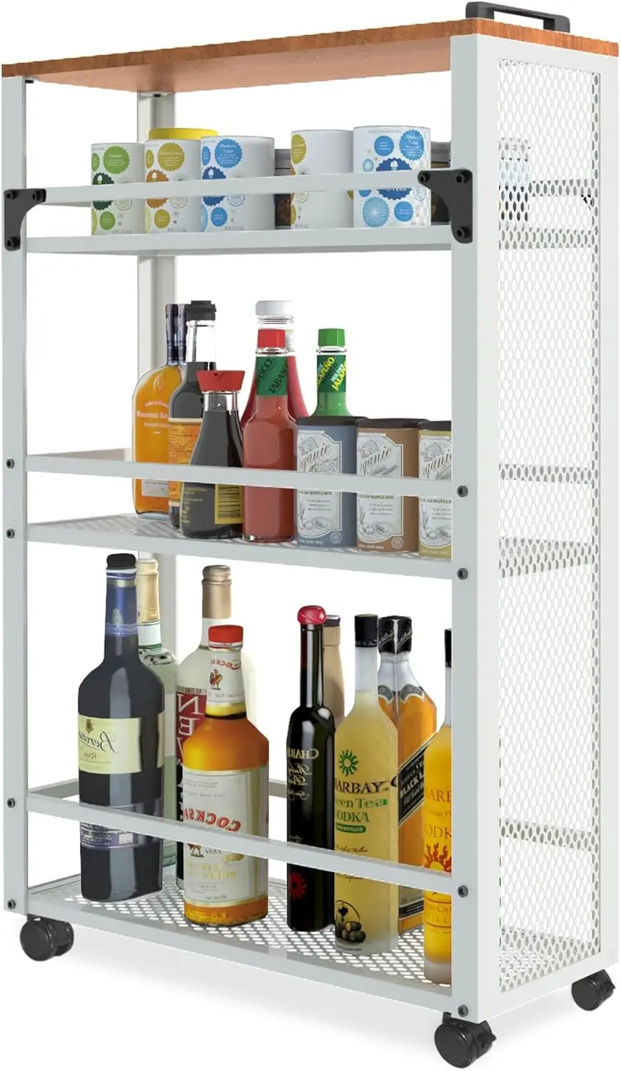 

2024 New, Slim Kitchen Storage Cart, 3 Tier Metal Rolling Utility Cart Mesh Basket, Multifunction Wire Basket Shelf Trolley for