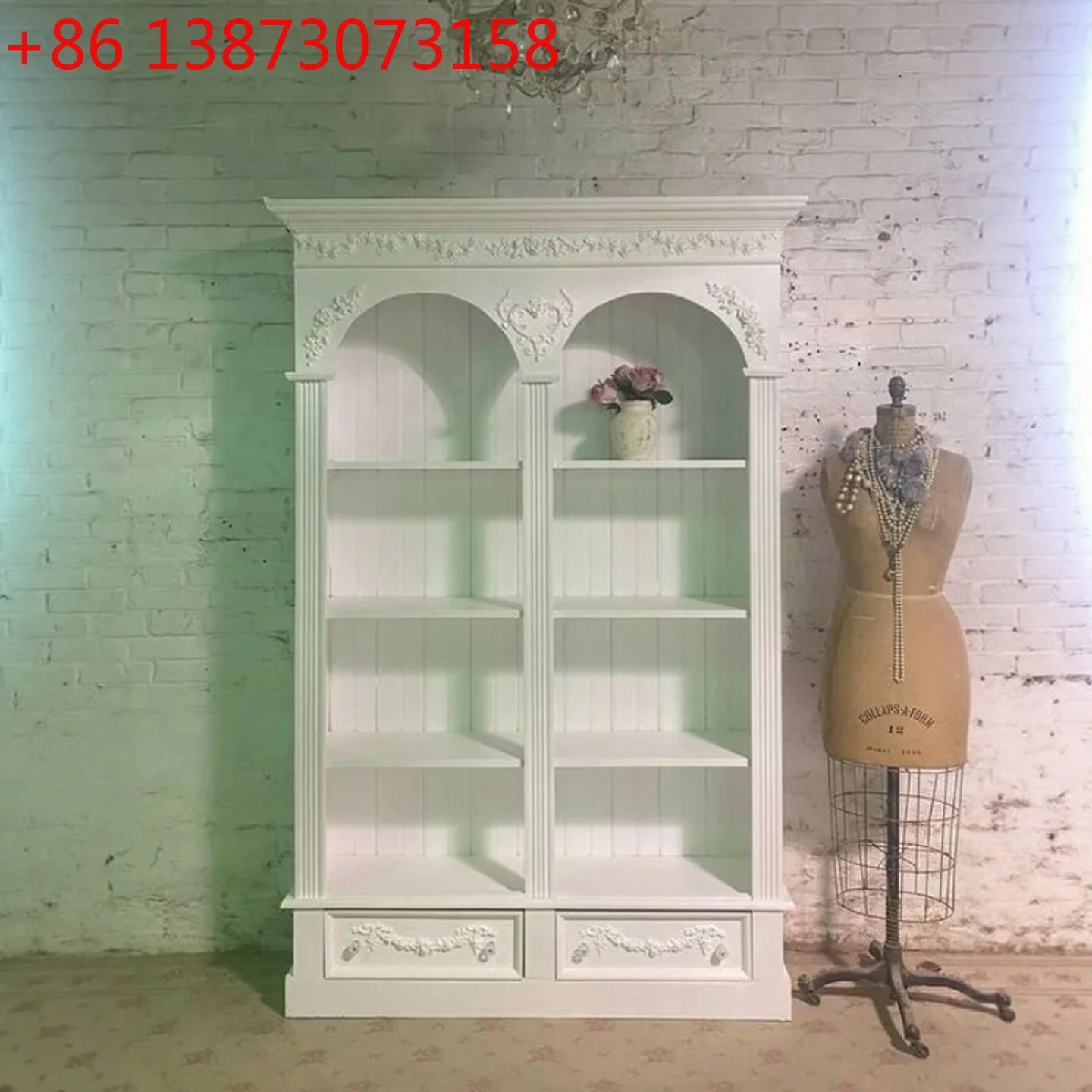 

French retro old solid wood carving flower American double arch storage display cabinet
