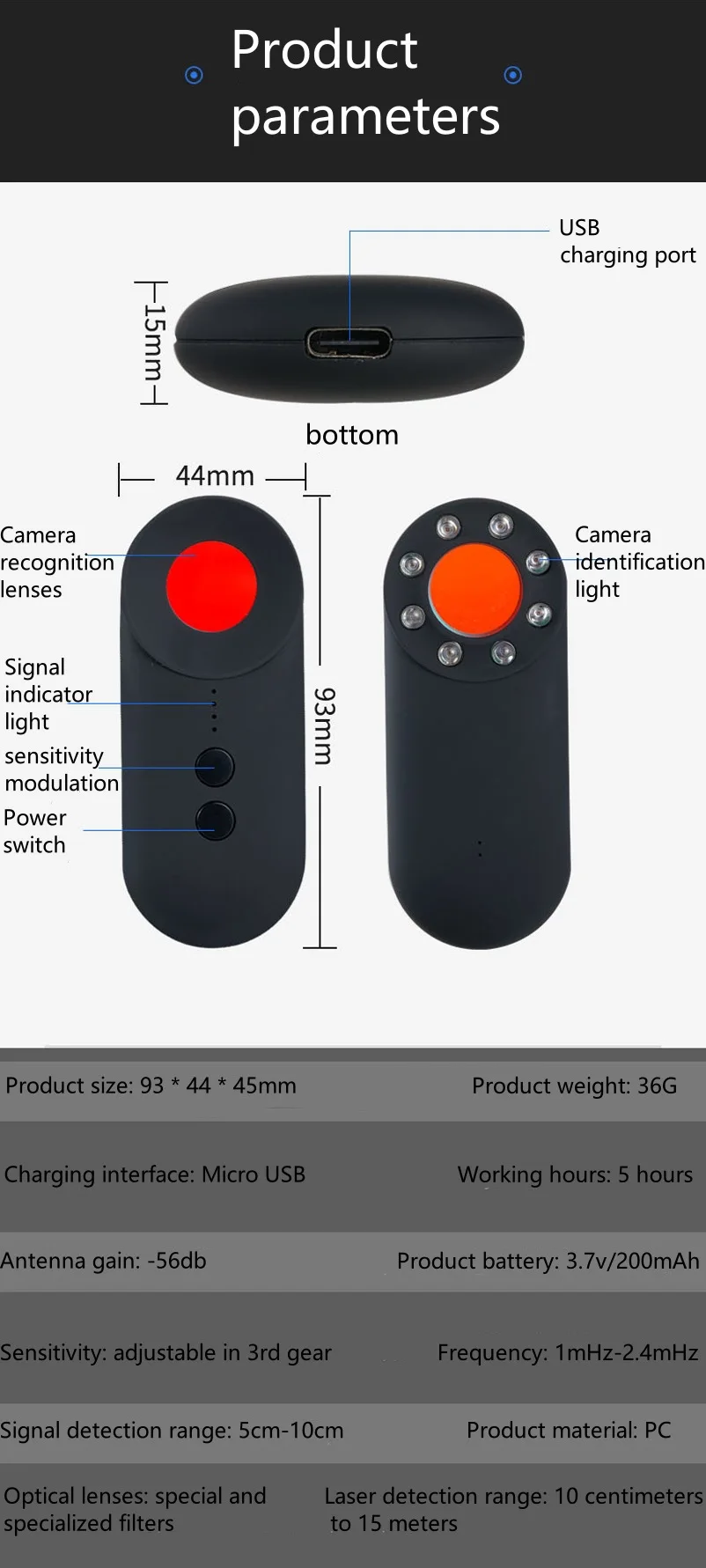 Anti Tracking Eavesdropping Stealing Anti Candid Hidden Camera Detector Pinhole Camera Infrared Camera Prevent Car GPS Track GD3