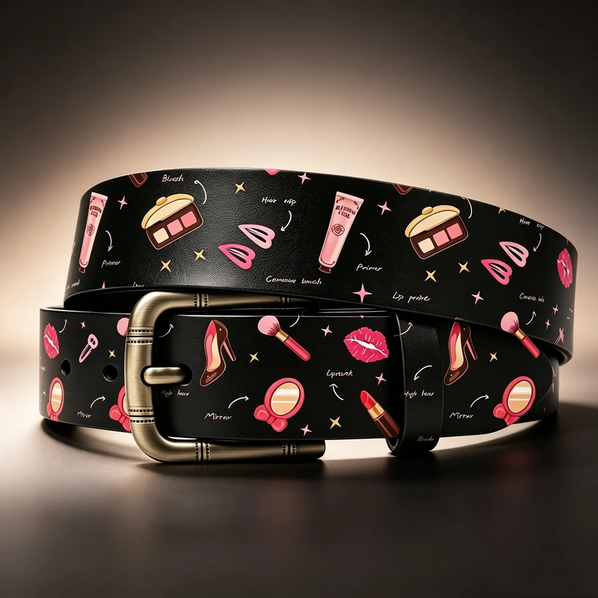 

Cartoon Cosmetics Print Waist Belt Adjustable Pin Buckle Unisex Fashion Accessory for Men Women Daily Decorative Waist Belt
