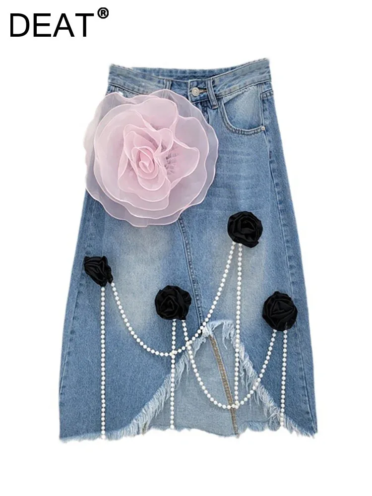 DEAT Women's Denim Skirt Split Burrs A-line Spliced Flowers Pearls Chains Taasel Long Skirts 2025 New Fashion Spring 33A1722