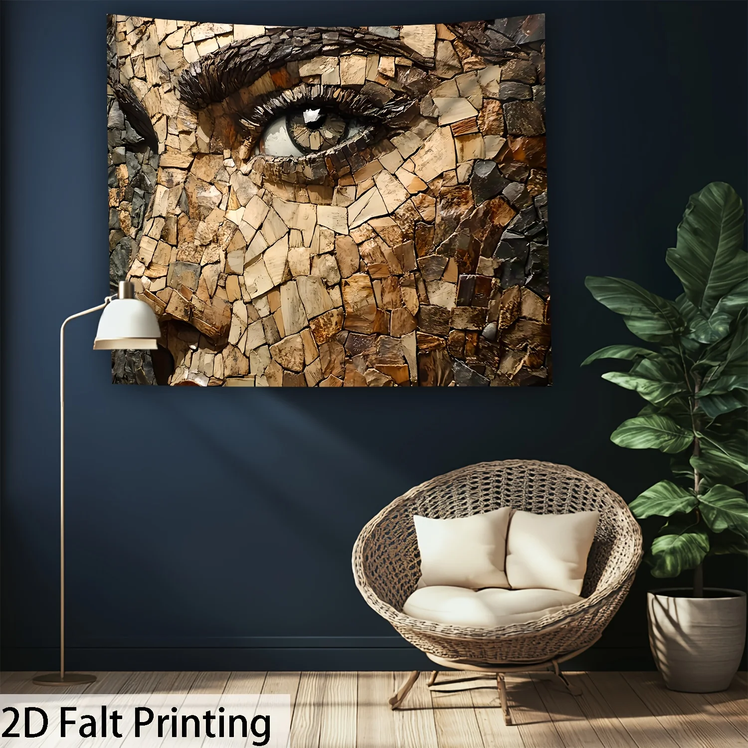 Stone Mosaic Eye Tapestry, 3D Rock Texture Wall Hanging, Abstract Face Art Decor, Vintage Boho Background Cloth for Living Room