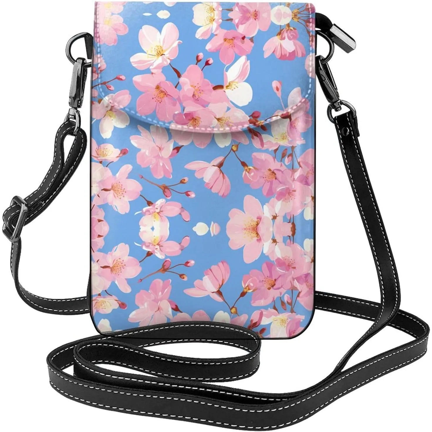 

pink cherry blossoms printing Ladies' mobile phone with leather foreskin, crossbody flip cover, small adjustable shoulder strap