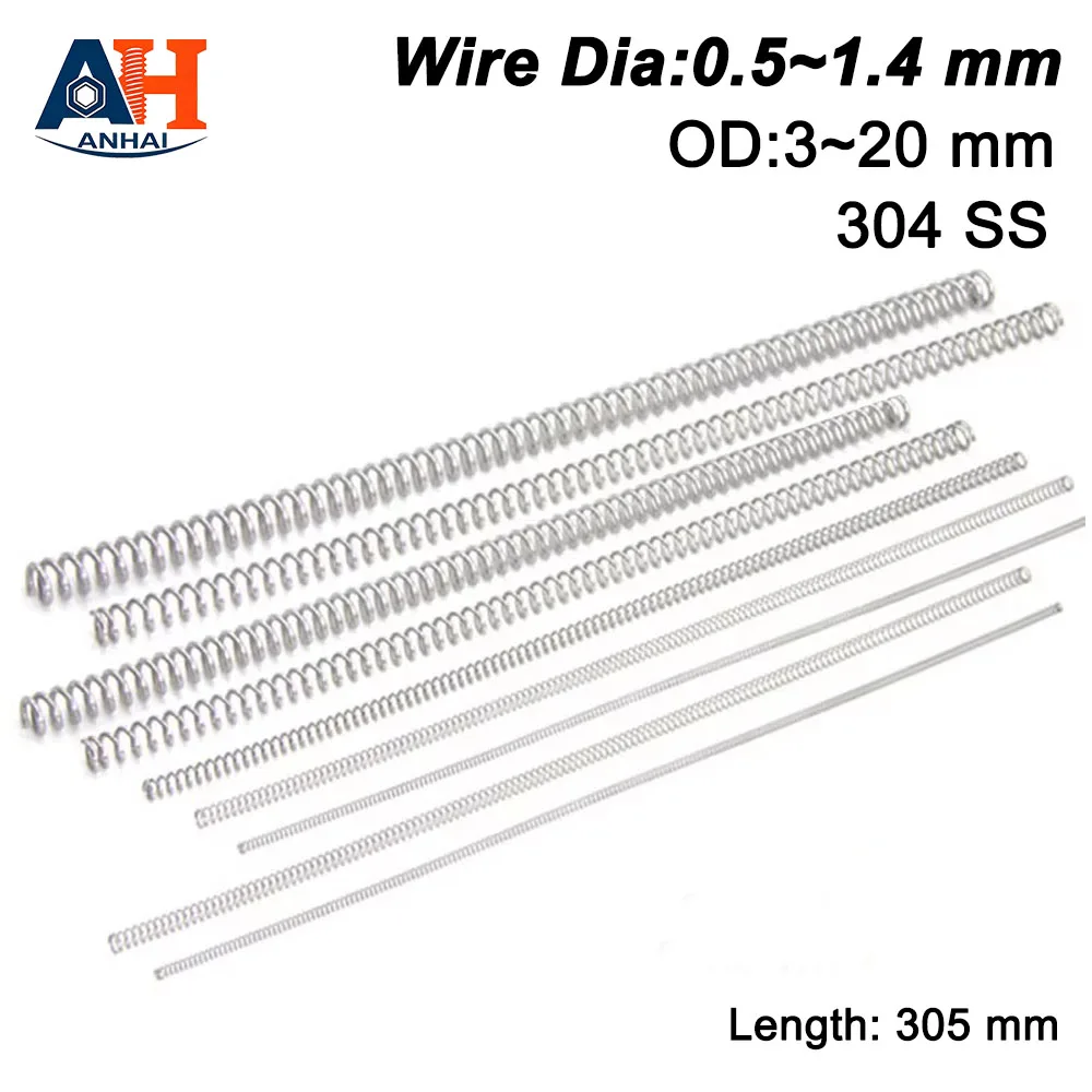 305mm Compression Spring Long Pressure Spring 304 SS Springs Wire Dia 0.5 0.6 0.7 0.8 0.9 1 1.2 1.4mm Od 3mm~20mm