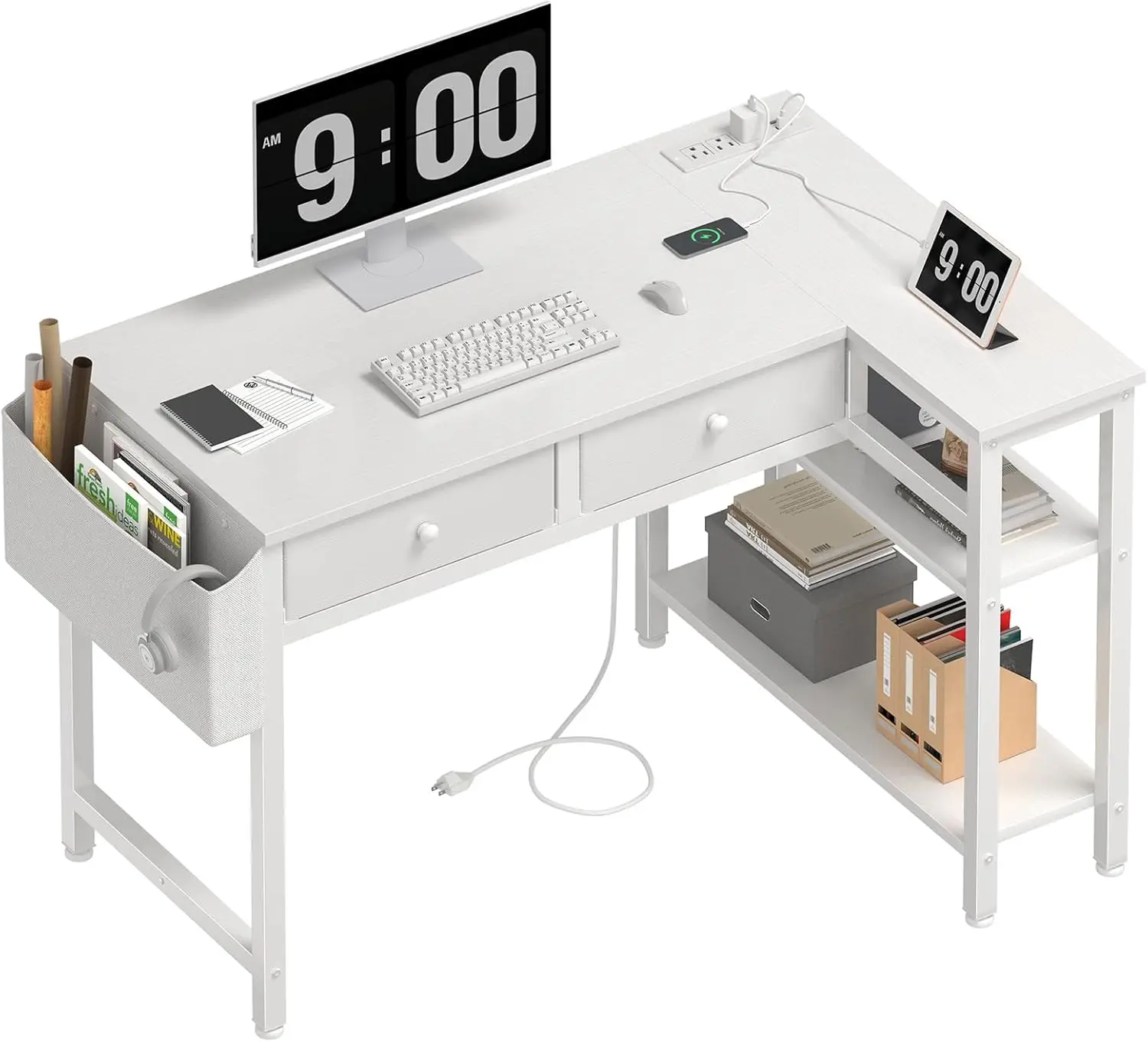 

Угловой L-образный стол 40 дюймов с ящиками, полками для хранения и розеткой для небольшого домашнего офиса