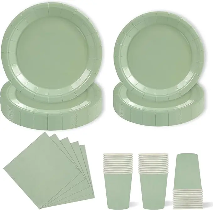 Sage Green Solid Disposable Tableware Set, Paper Plates Cups Napkins for Baby Shower Birthday Wedding Party Decor