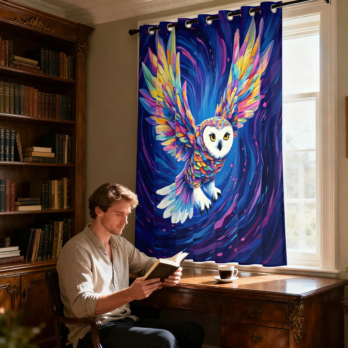 1PC Colorful Starry Sky Flying Owl Print Single Loop Curtain For Living Room Bedroom Door Window Stylish Home Decor view 5