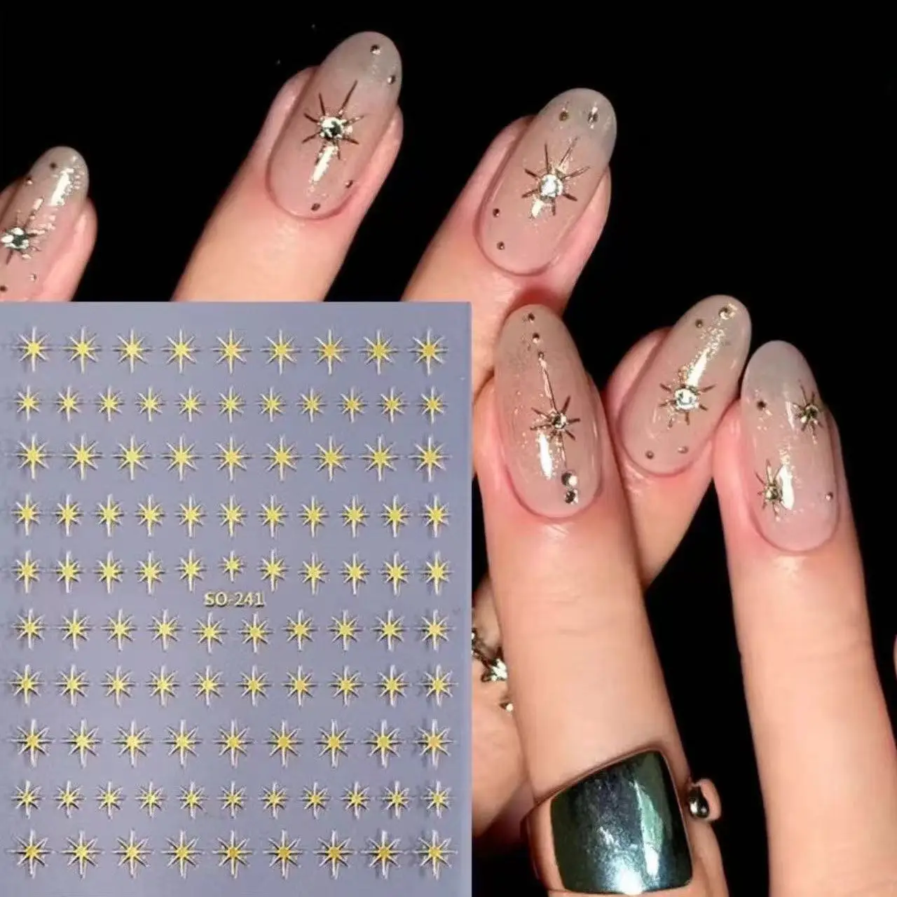 

Ins Aesthetic Star Nail Stickers Silver Stamping 8 Point Star Black White Self Adhesive Decals for DIY Manicure