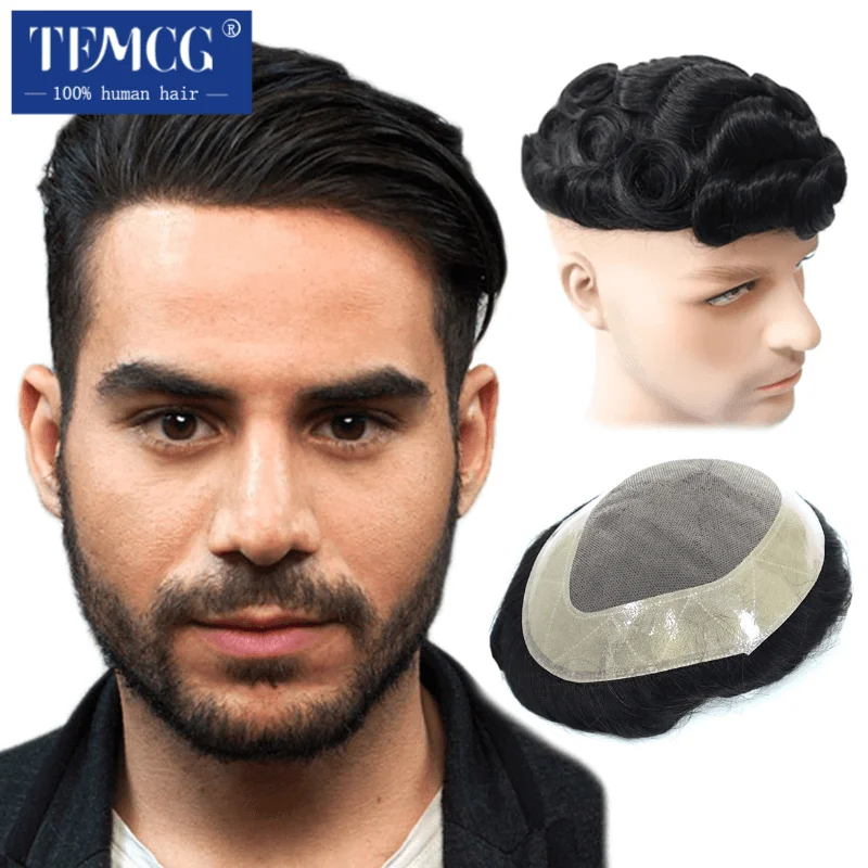 Wig rambut manusia Pria, rambut palsu Mono prostesis pria 100% Wig rambut manusia alami untuk pria tahan lama