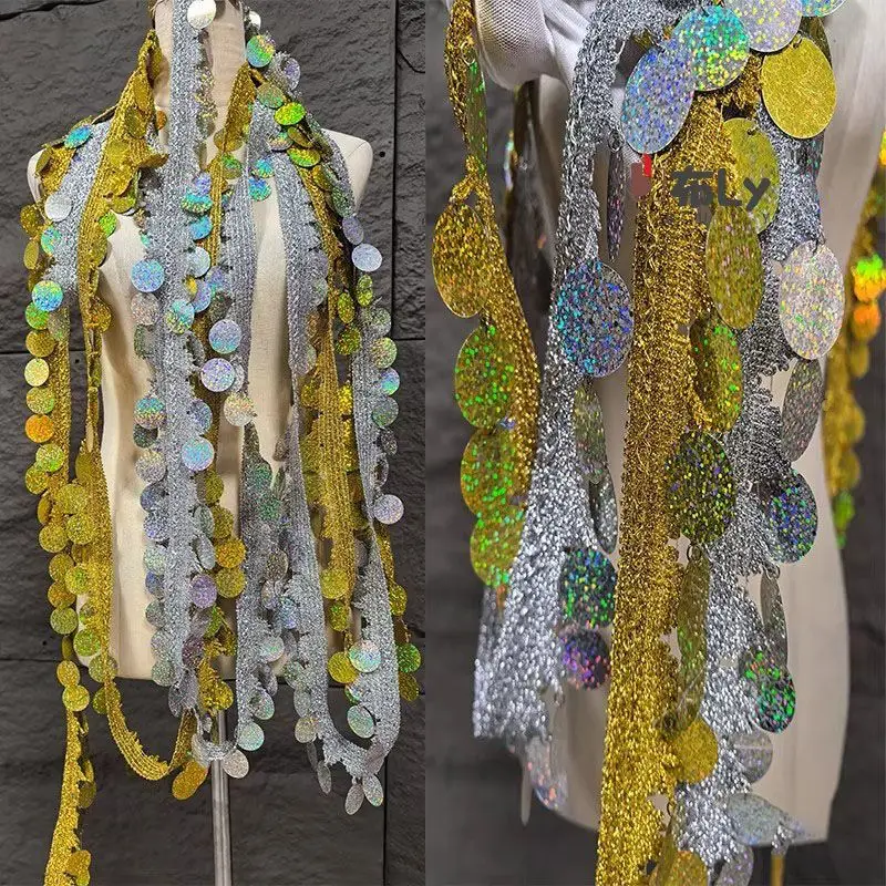 Gradient gold silver sequin tassel yarn, metallic thread for DIY, dance shawl trimming, stage costume lace accessories