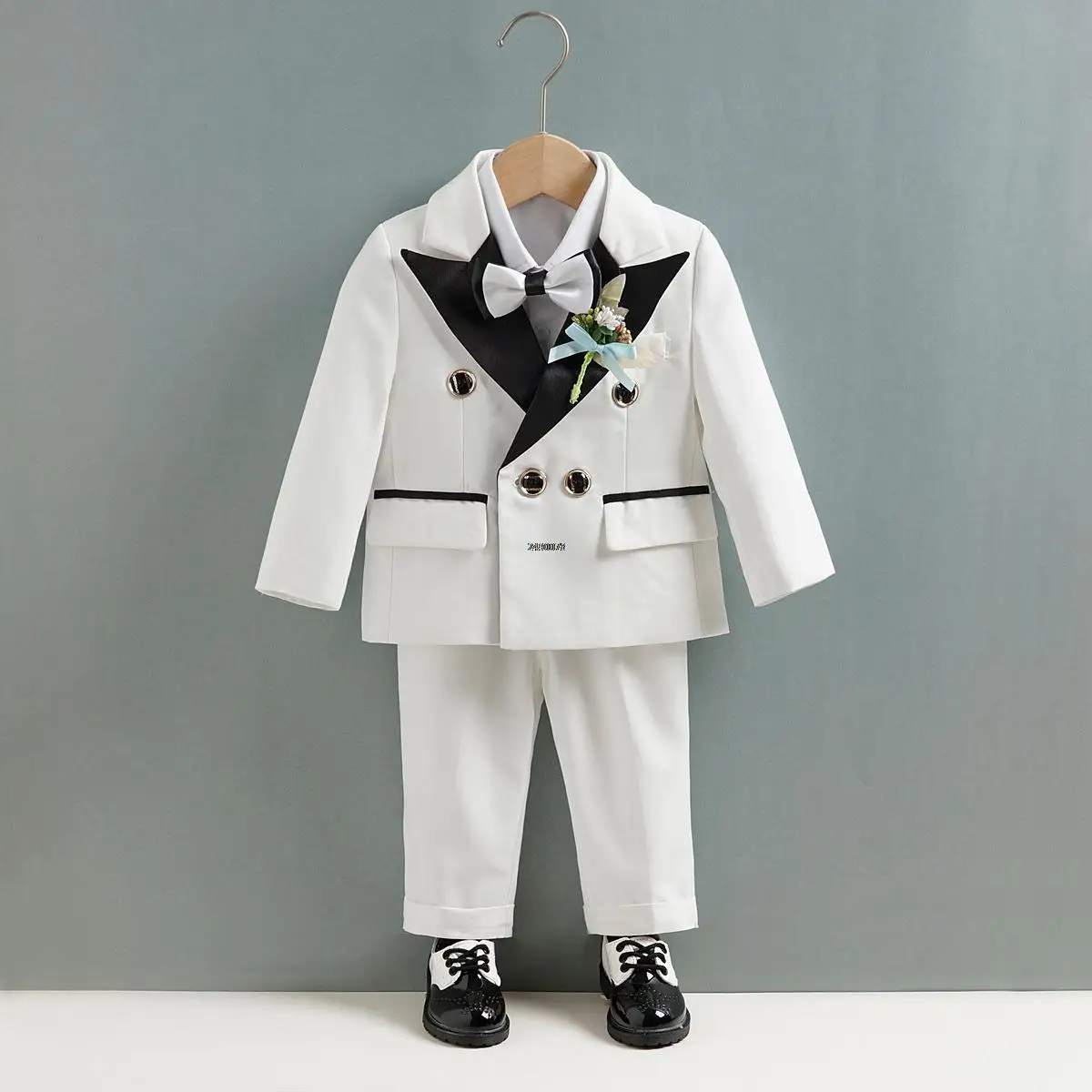 Children White Wedding Suit Kids DIY Jacket Pants Botwtie Photograph Suit Flower Boys Birthday Tuxedo Party Dress Dance Costume