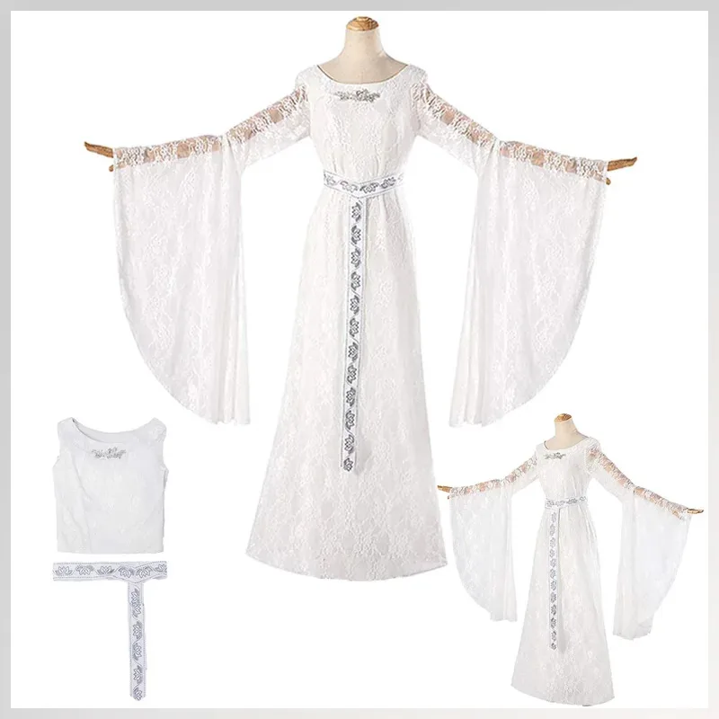 Disfraz de elfo reina Galadriel, Cosplay bordado, anillo de película mágica blanca, disfraz de mujer, juego de rol, vestido elegante, ropa de fiesta