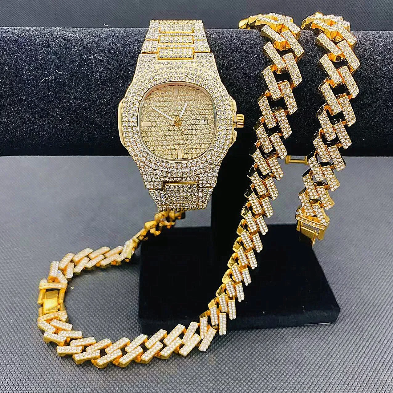 Hip Hop Jewelry Set Iced Out Watch Men Necklaces Bracelet Miama Cuban Chain Choker Fashion Luxury Gold Watch Male Wholesale Gift