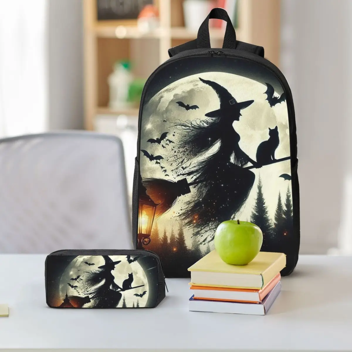 Witch And Cat Fly On Sky Backpack Boys Girls BookBag School Bag Shoulder Bags 3ps Insulated Lunch Bag Pencil Case