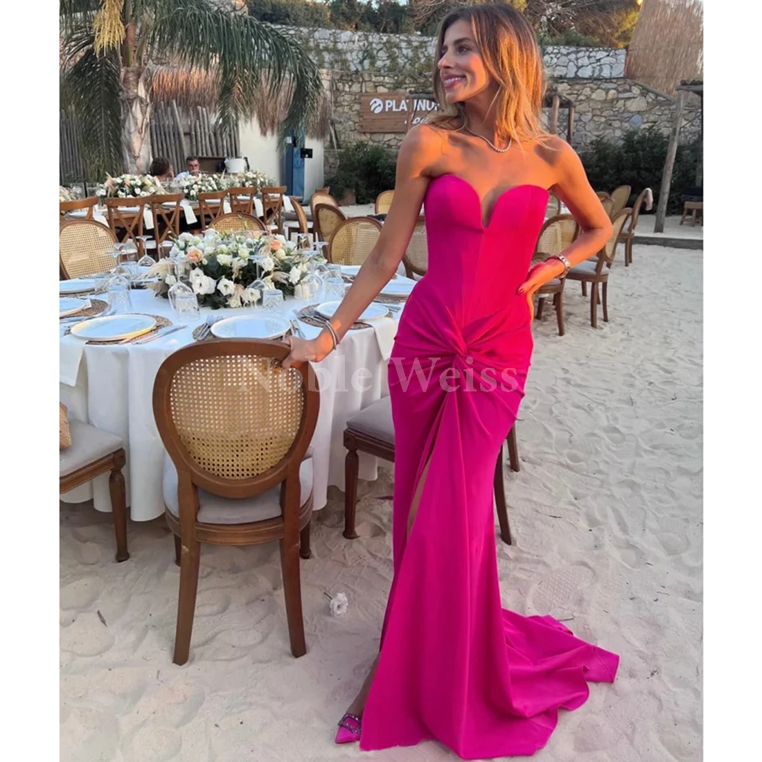 Querida cetim vestido de baile sereia plissado até o chão vestidos de noite personalizados