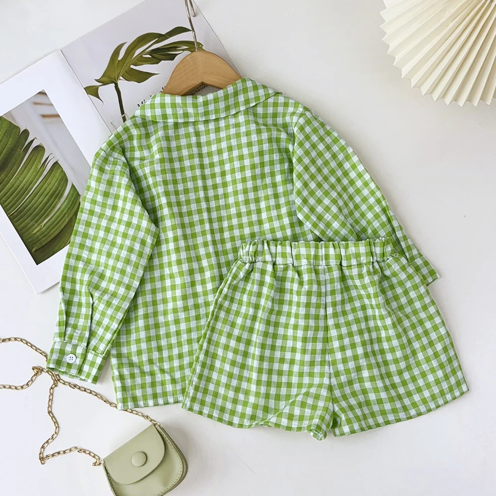 Bear Leader Summer Girls\' Green Checkered Suit Long Sleeved Shirt+vest+elastic Shorts 3-piece Sets Children\'s Clothing