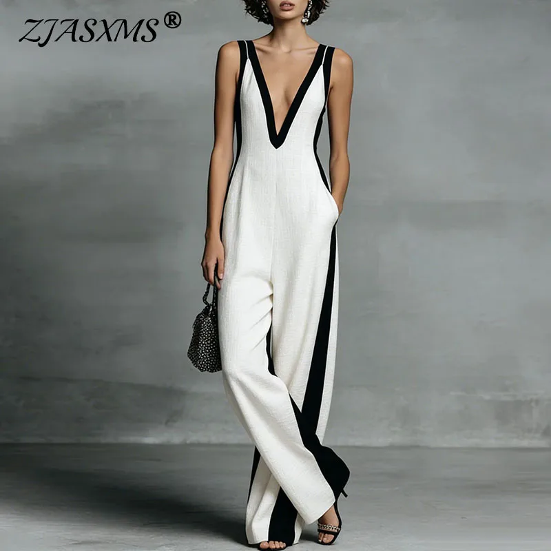 Women's Sexy Deep V Neck Wide Leg Pants Jumpsuit Spring Elegant Striped Print Patchwork Romper Summer Sleeveless Zipper Overalls