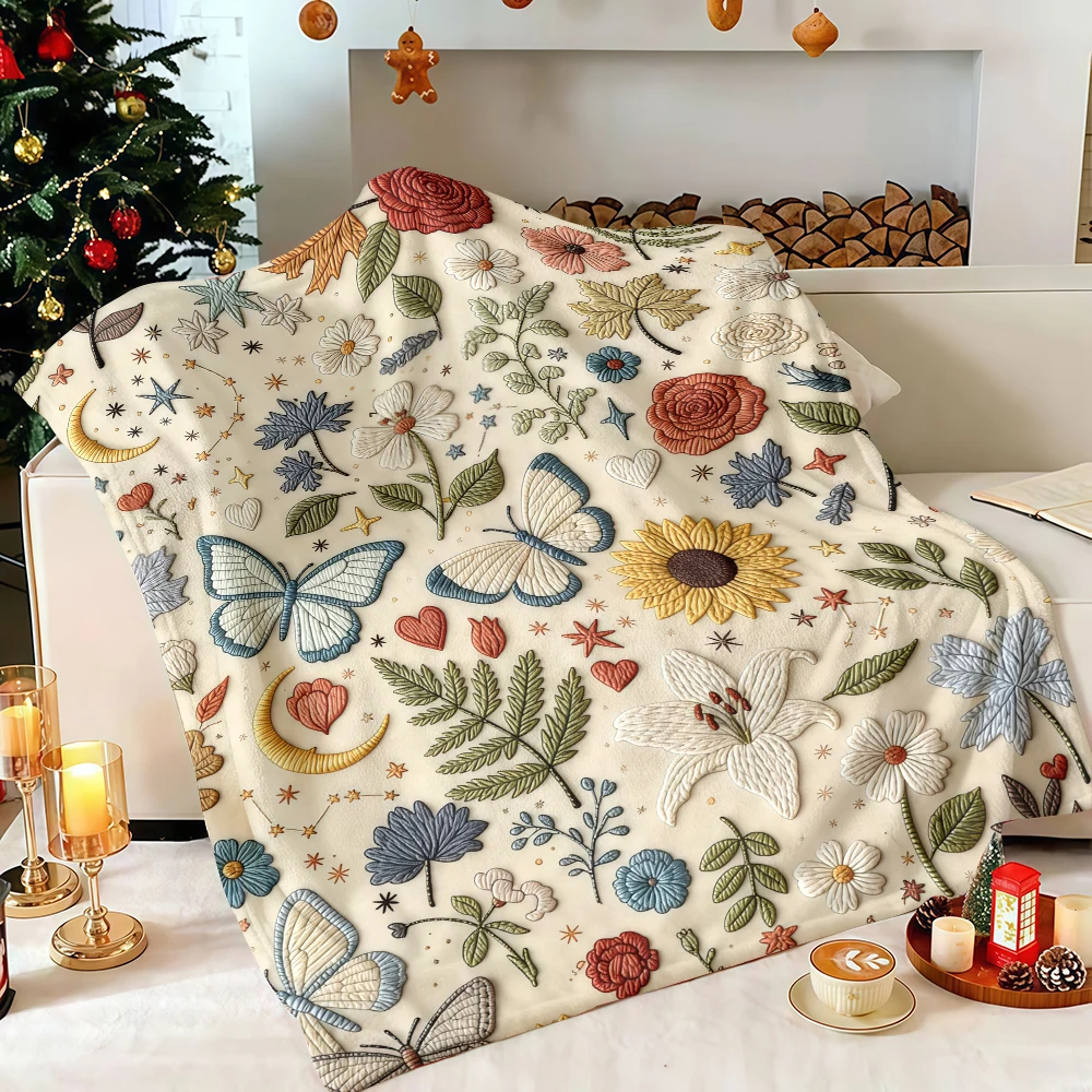 Embroidered Fall Floral Butterfly Moon Flannel Blanket Soft Fuzzy Plush Cozy Warm Throw for Sofa Bed Couch Home Decor