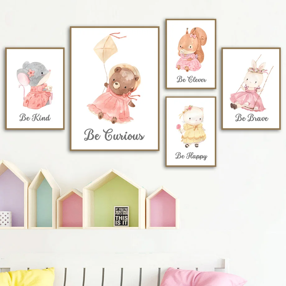 Bear Squirrel Rabbit Cat Animal Tea Party Nursery Wall Art Canvas Painting Posters And Prints Wall Pictures Baby Girl Room Decor