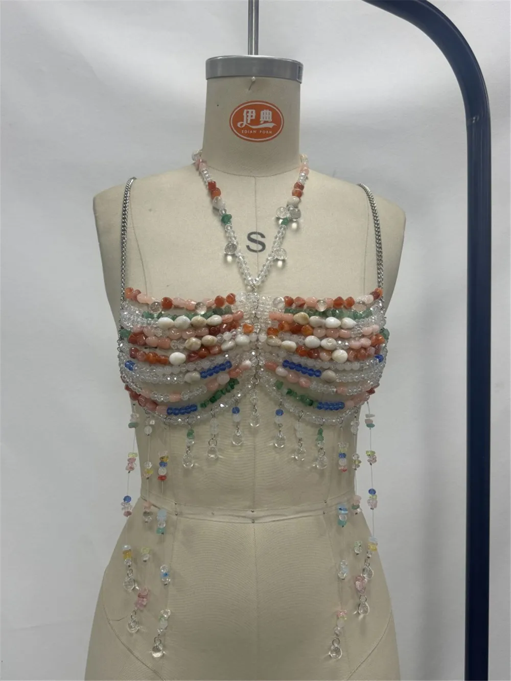 Sexy Gradient Glass Beaded Top Bra Heavy Color Beads Cutout Neck Body Chain For Beach Party Holiday Vacation