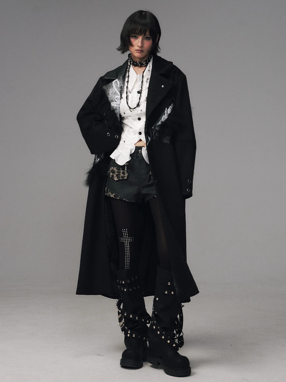 

Street Punk Ro Heavy Industry Print Patchwork Long Loose Woolen Coat Autumn Winter Outerwear Women's Faion Premium Wool B...