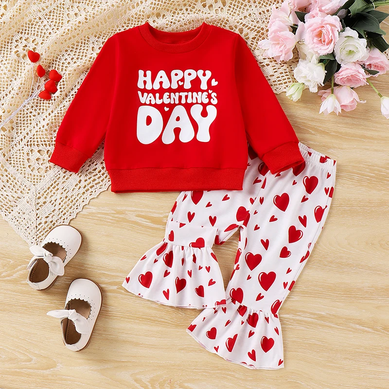 Toddler Girl Valentine s Day Heart Print Long Sleeve Shirt and Pants Set for Baby Girls 2 Piece Outfit with Letter Print