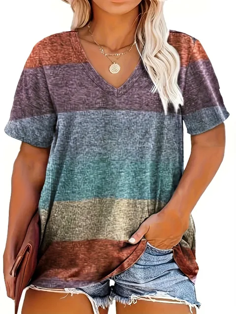 Plus Size 1XL-5XL T-Shirt z nadrukiem w paski Casualowy T-Shirt z krótkim rękawem i dekoltem w szpic Odzież damska Plus Size