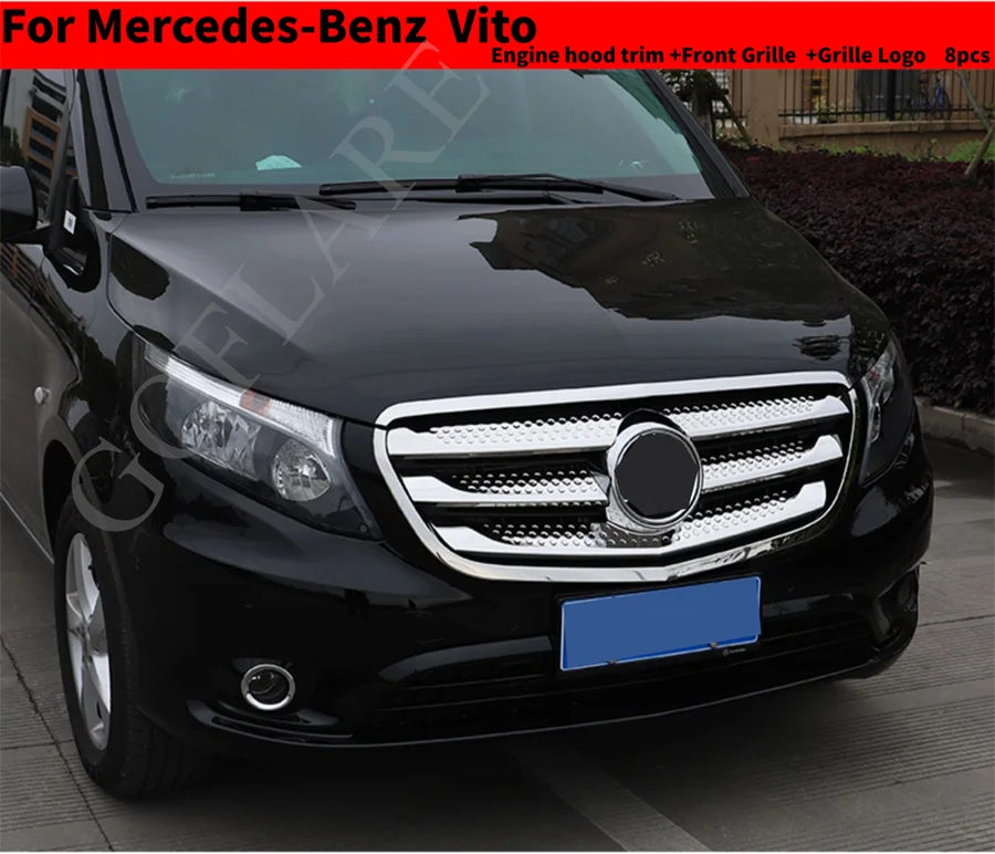 For Mercedes Benz Vito W447 2014 2018 2022 Car body cover protect detector ABS chrome trim Front up Grid Grill Grille Logo Trim