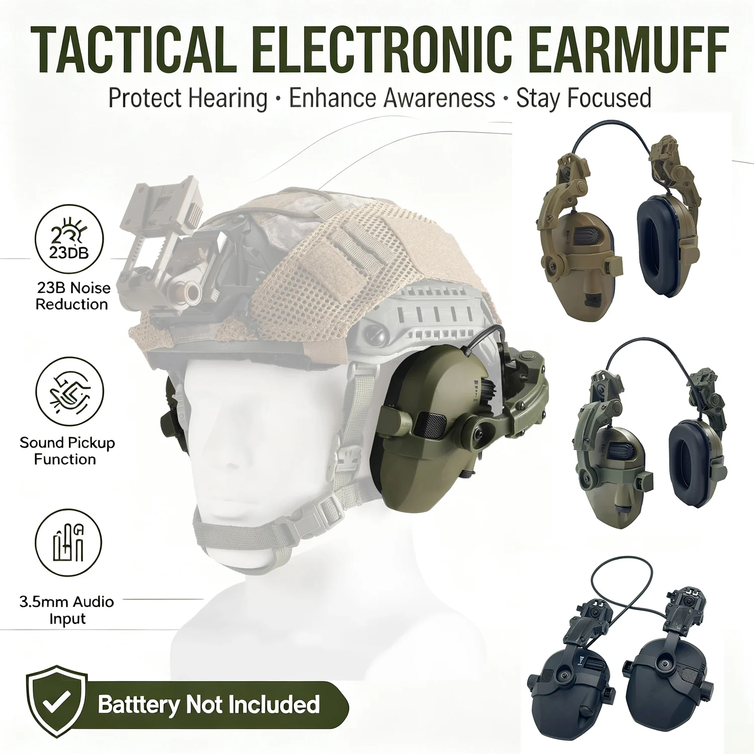 Helmet‑mounted Electronic Hearing Protection Earmuffs 23NRR Noise Reduction Sound Amplification Earmuff for Hunting Range