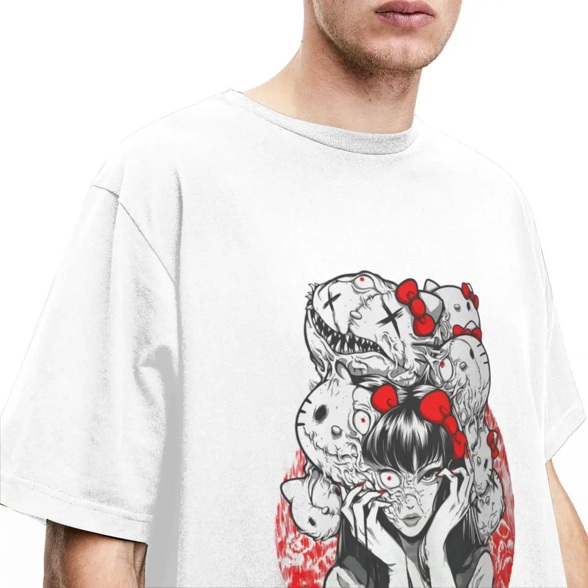 Oversized T Shirt Junji Ito X Hello Kitty 100 Cotton T-Shirts Popular Tshirt for Mens Summer Awesome Pattern Short Sleeve Tops