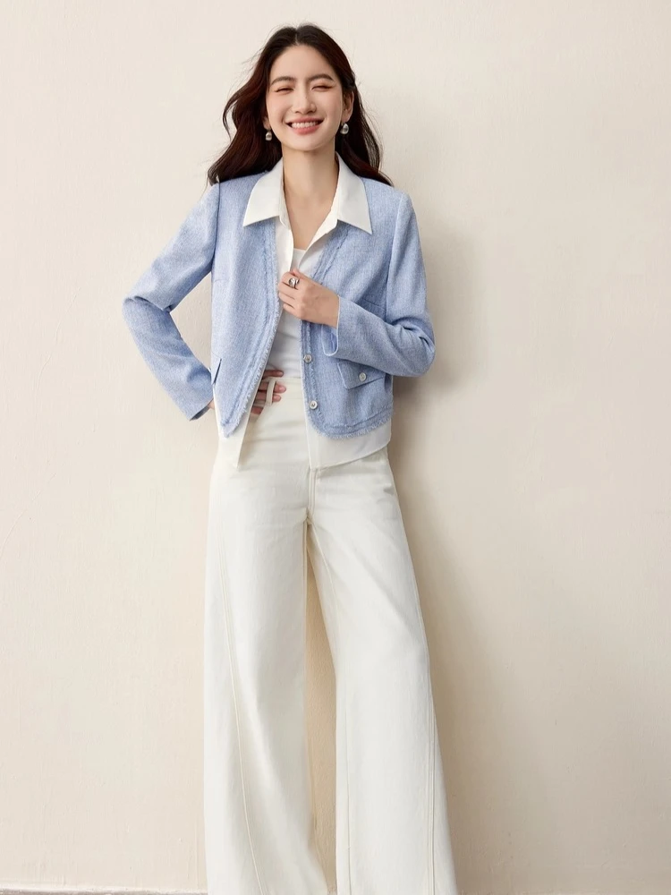 SENTUBILA Women's Short Coat Color-Block Paneled Mock-Two-Piece Coat 2025 Autumn Elegant Long-sleeve Fringed Jackets 153WA2087