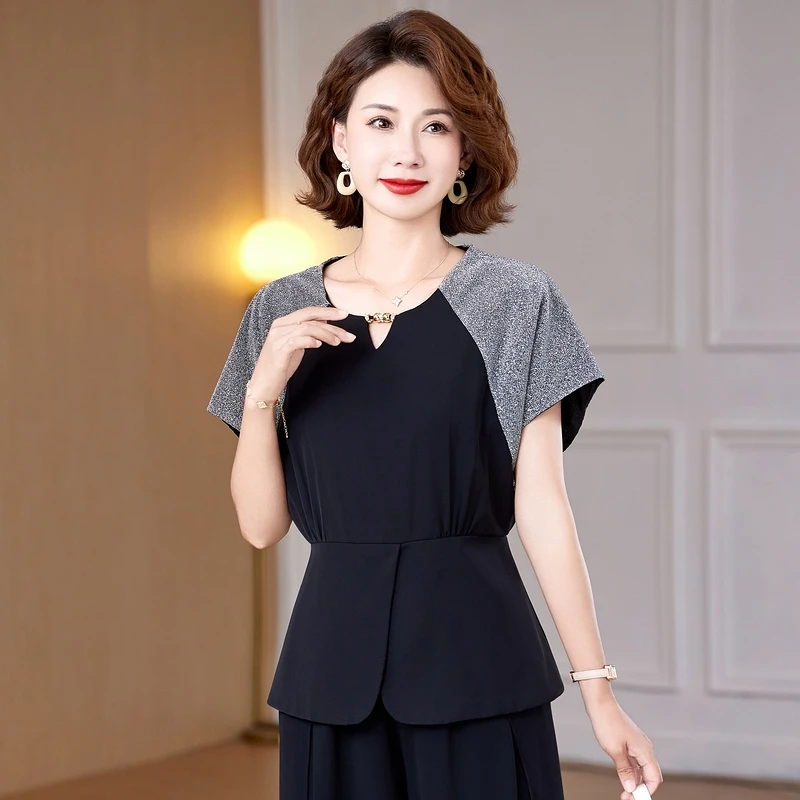 

Faionable Summer Outfit Set ort Sve T-irt for Middle-Aged Mothers Ele And Women's Clothing Mid-Aged Women'...