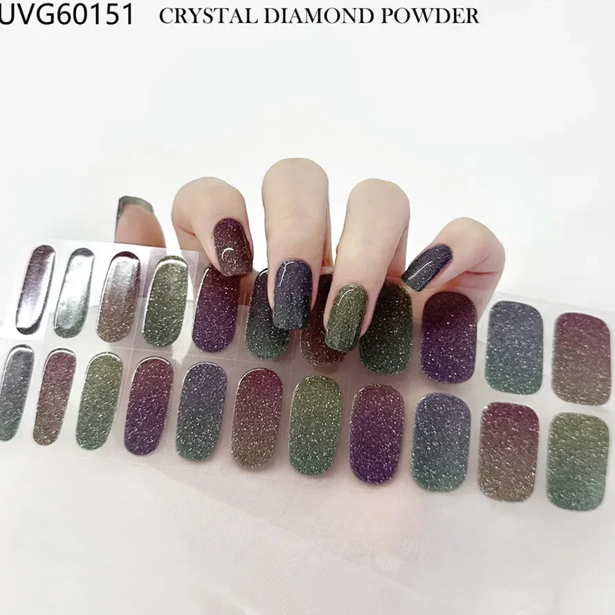 22Tips Solid Color Glitter Manicure Semi-Cured Gel Nail Patch Slider Adhesive Waterproof Full Gel Nail Sticker Harden in UV Lamp